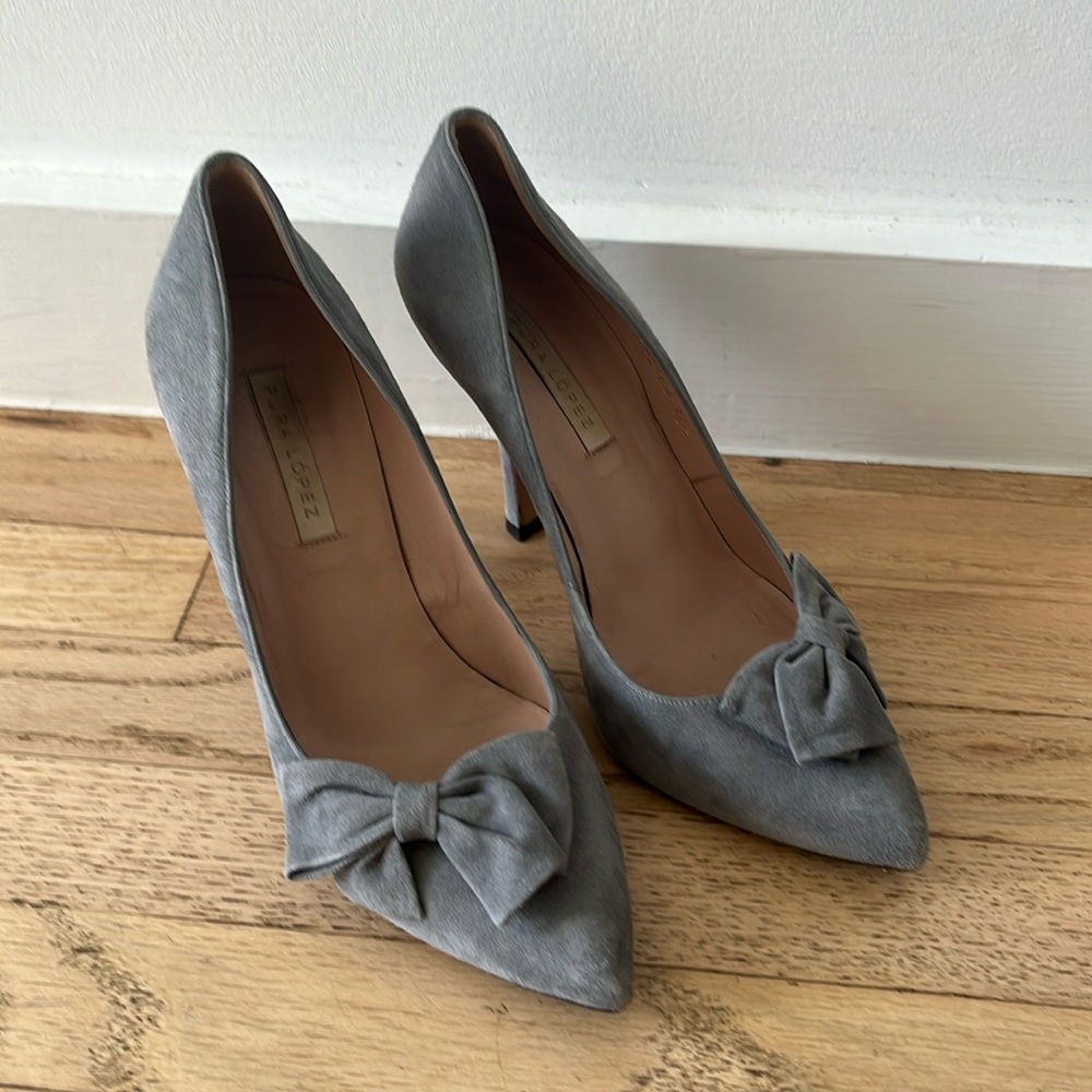 Pura Lopez Grey Suede Heels with Bow, 36.5